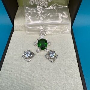 Silver Necklace Round Green Zircon Turtle & Earrings Crystal Clear.